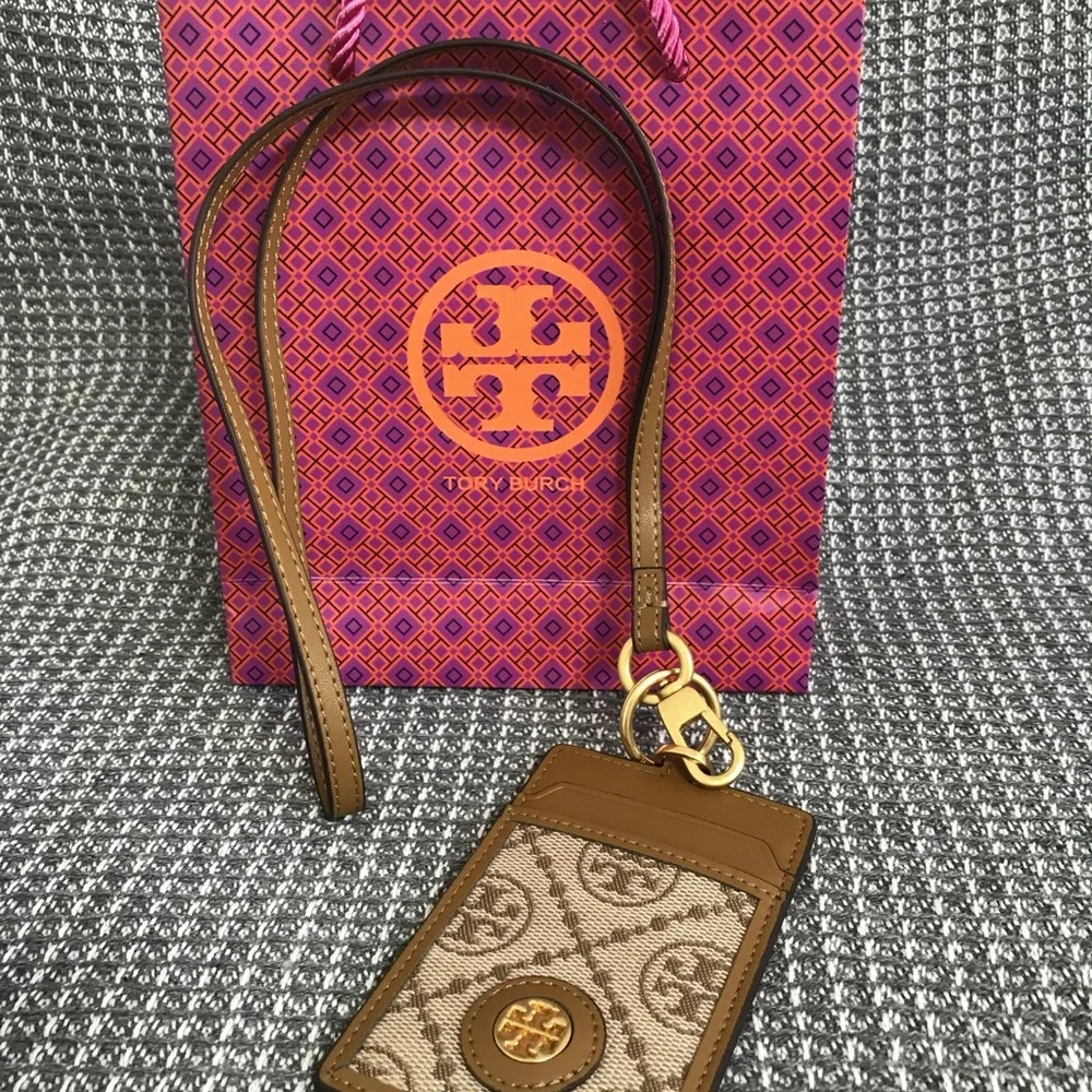 Tory Burch Tan and Cream Lanyard Card Holder